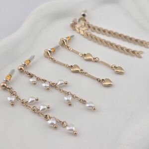 Gold Dangle Earring Set 3 Pairs | Heart Pearl & Arrow Chain Earrings